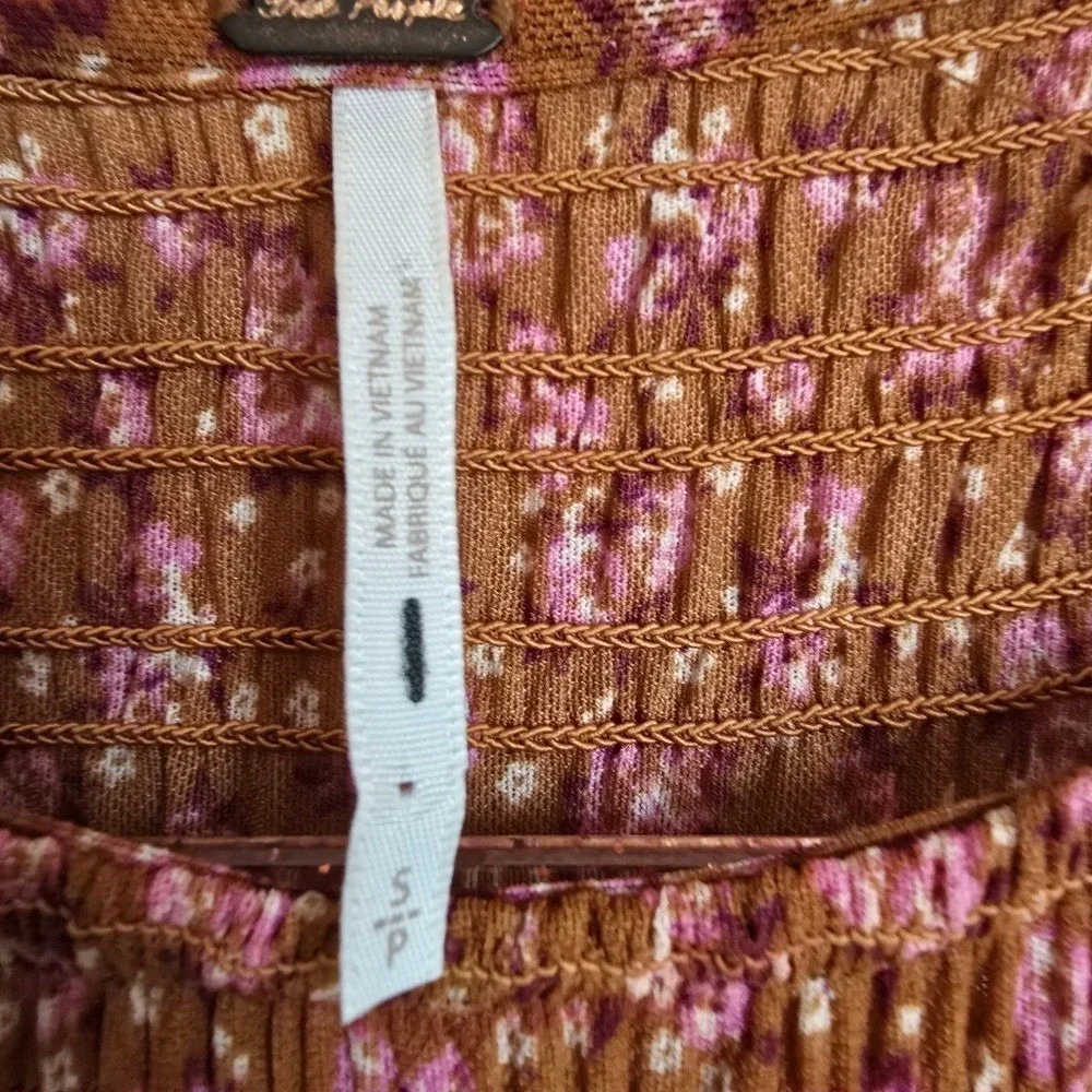 Free People Hello and Goodbye Orange Floral Mesh Smocked Midi Dress SZ Small
